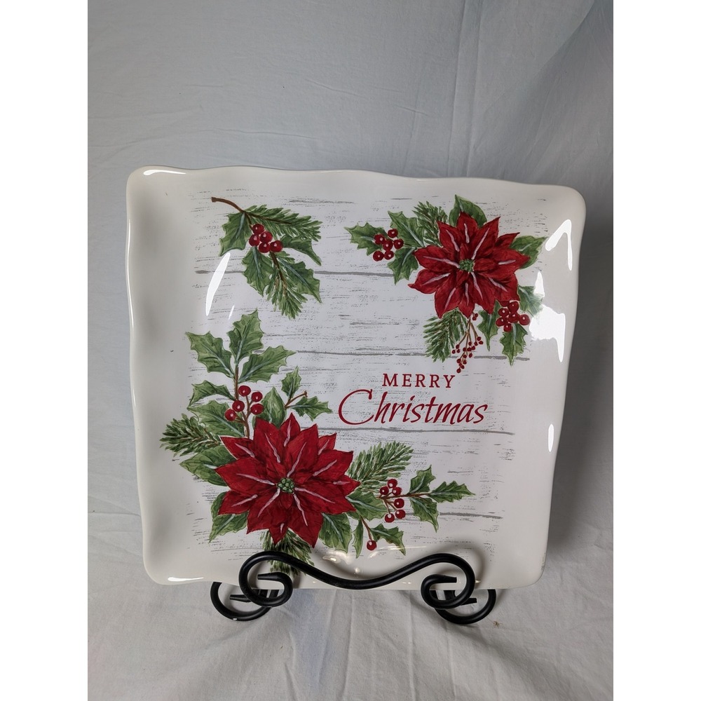 Maxcera Merry Christmas Poinsettia Square Platter Ceramic Holiday Serving Plate